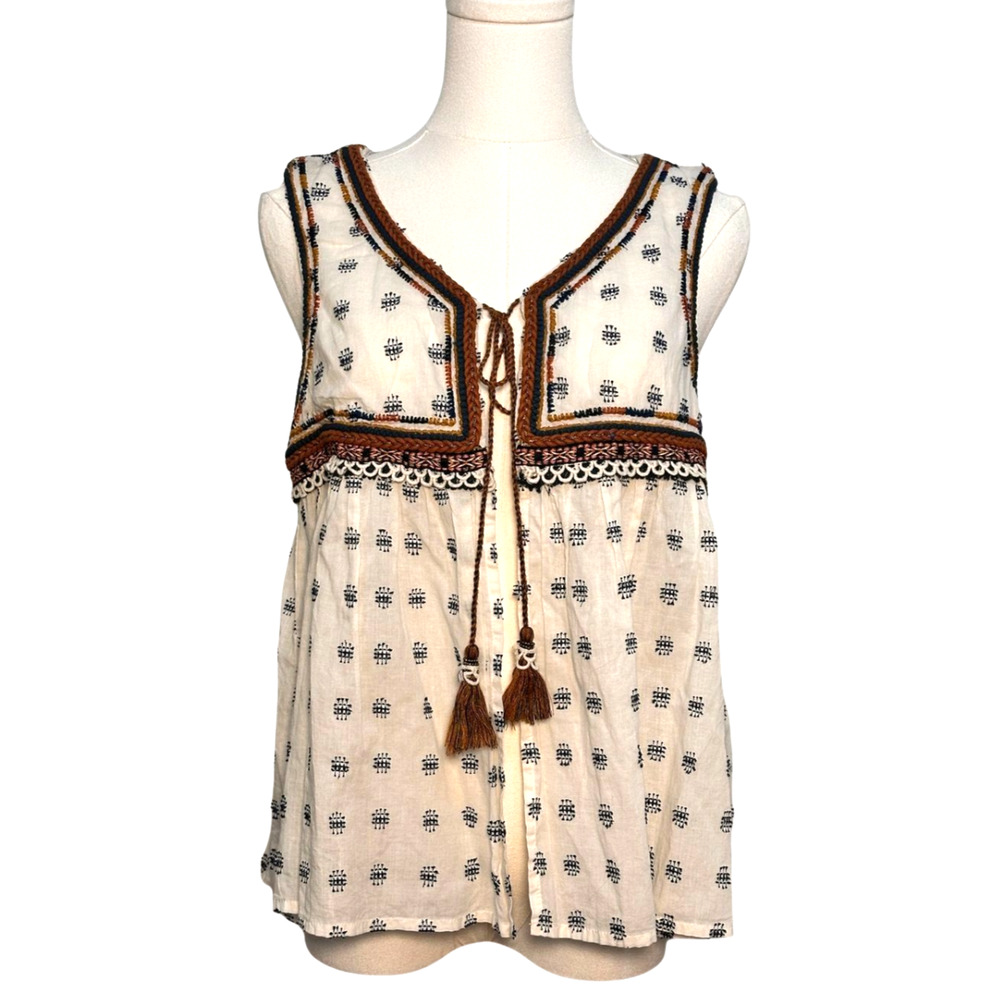 Zara Cream Brown Sleeveless Embroidered Tassle Tie Cotton Blouse Small Boho